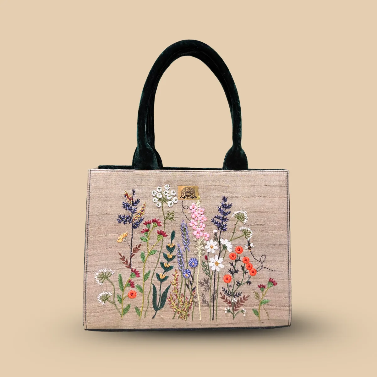 Beige Silk Tote Bag with Forest Green Velvet Handles and Multicolor Wildflower