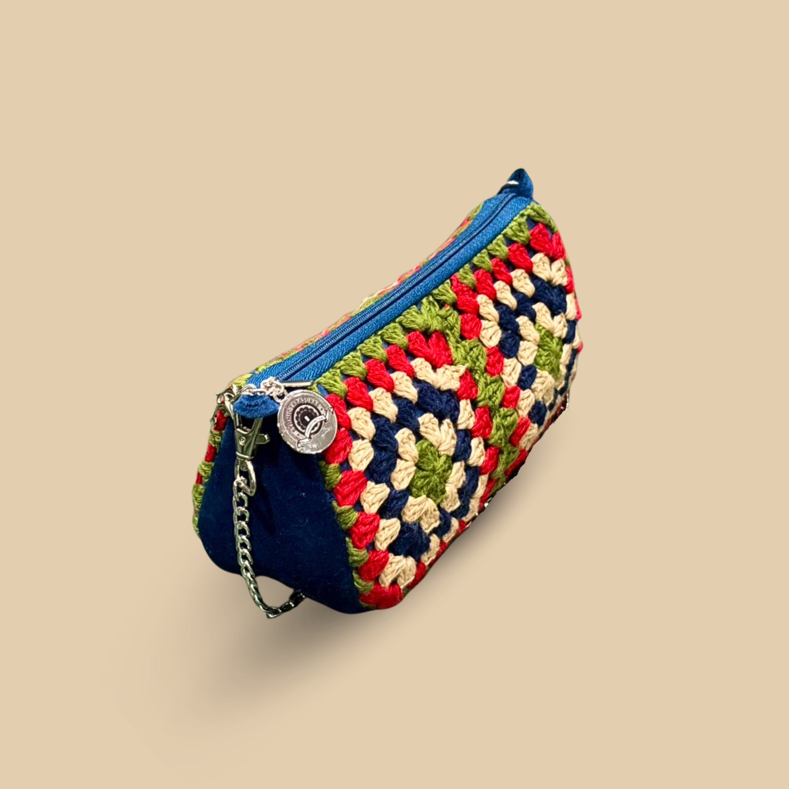 Handmade Blue Crochet Granny Square Crossbody Bag – Retro Chic Sling Purse with Silver Chain Strap & Secure Zipper - Image 2