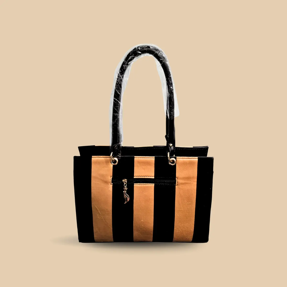Bold Vertical Stripe Tote Bag – Tan and Black Suede-Style Contrast Shoulder Bag - Image 4