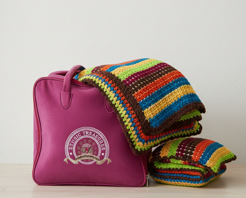 Autumn Harvest Hand-Knitted Crochet Throw Blanket with Matching Pillows - Image 4