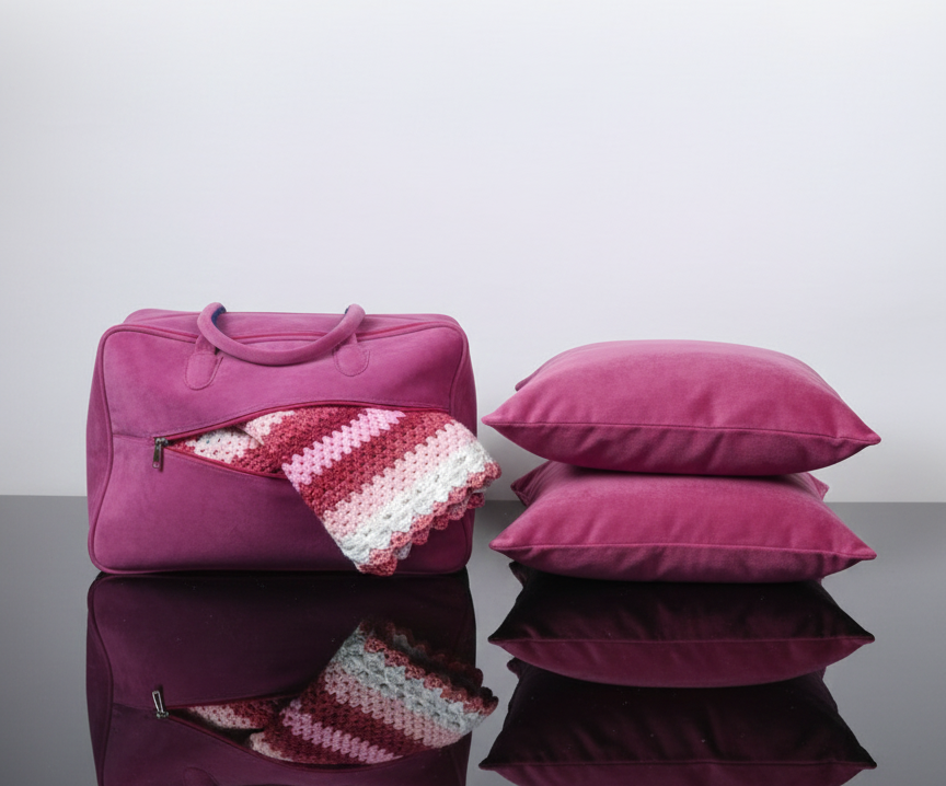 Berry Blossom Hand-Knitted Ombre Crochet Baby Throw with Rose Velvet Pillows - Image 4