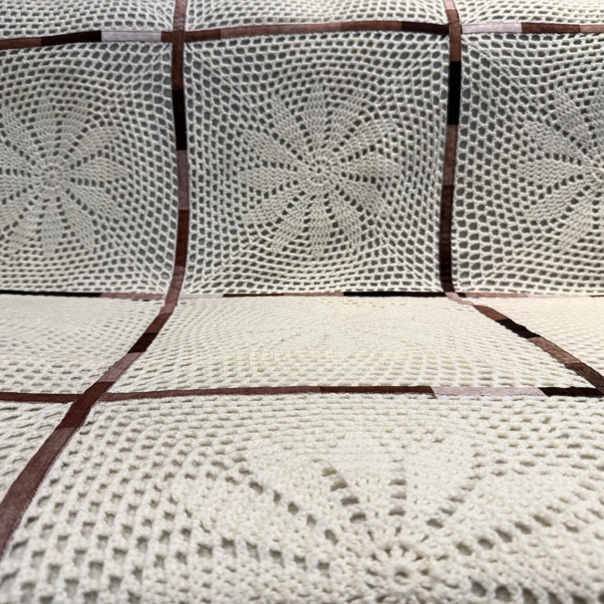 Handmade Cream Crochet Sofa Cover Set – Sunburst Lace Pattern with Brown Checkered Fabric Borders - Image 5
