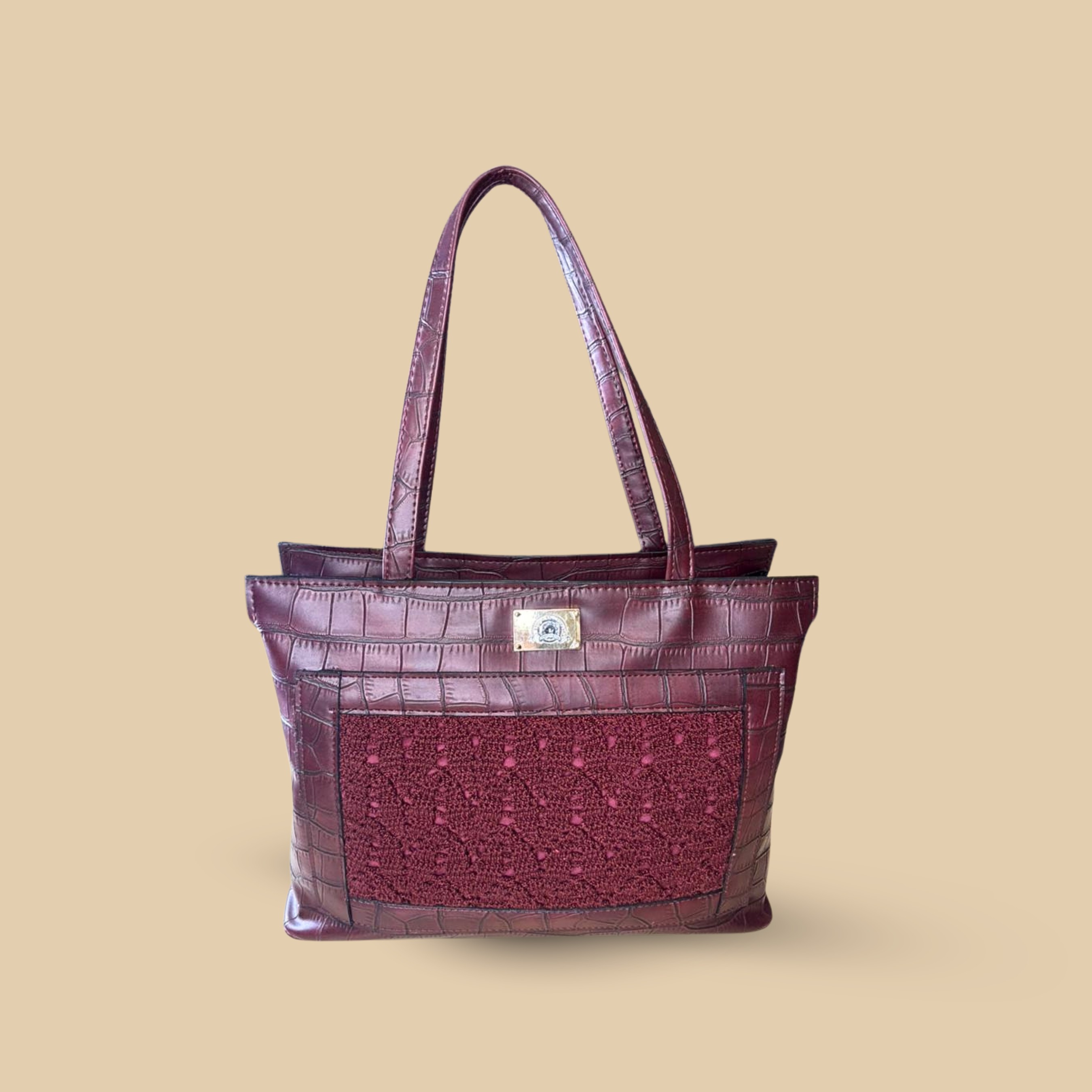 Elegant Burgundy Crocodile Embossed Tote Bag for Women – Large Capacity Shoulder Handbag with Textured Lace Inlay and Gold-Tone Hardware