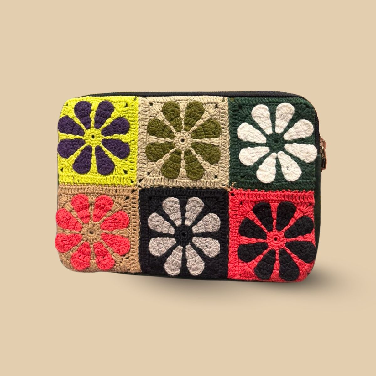 Handmade Boho Floral Crochet Laptop Sleeve – Vintage Granny Square Padded Case for 13-14 inch Laptops – Vibrant Multi-Color Artisanal Protective Cover