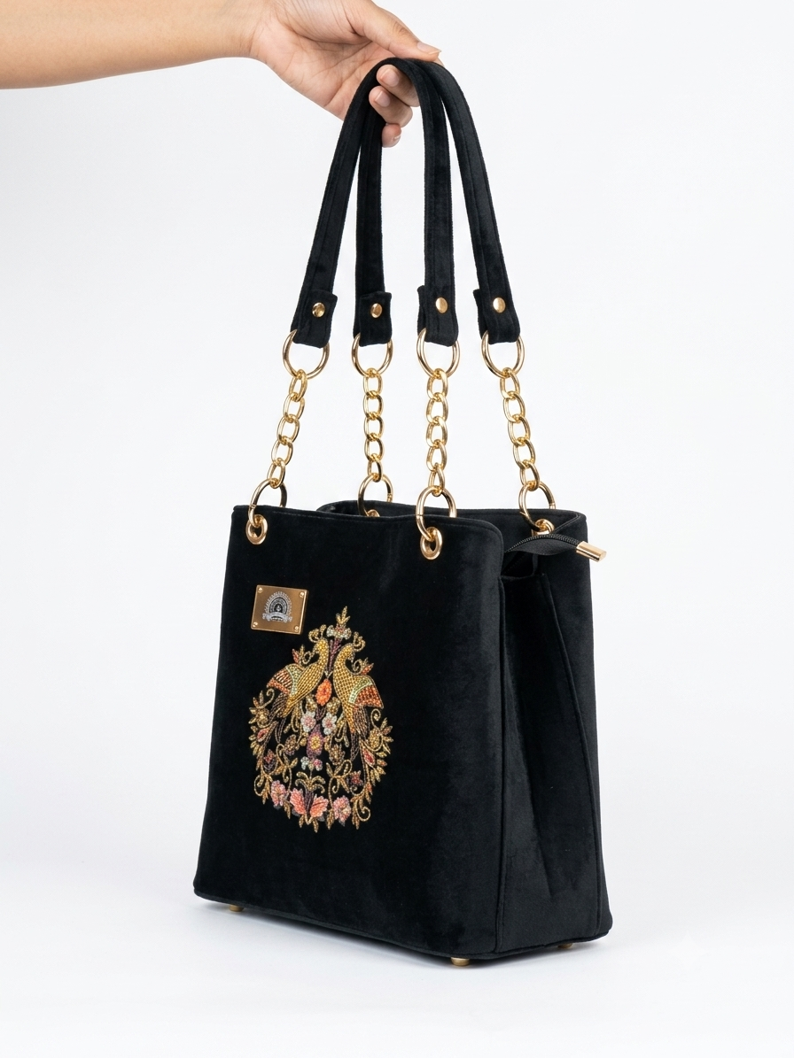 Majestic Peacock Velvet Embroidered Tote - Image 2
