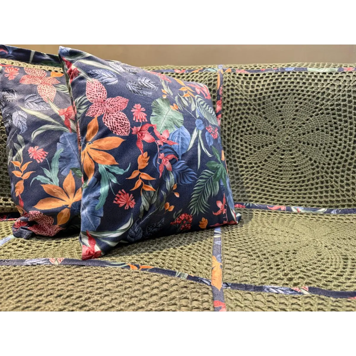Handmade Olive Green Crochet Sofa Throw Set – Sunburst Pattern with Tropical Floral Fabric Borders - Image 2