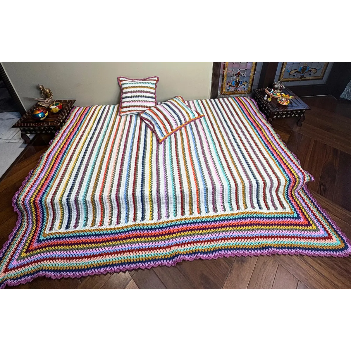 Handmade Vintage rainbow bliss Crochet Sofa Set – Floral Granny Square Design with Matching Cushion Covers