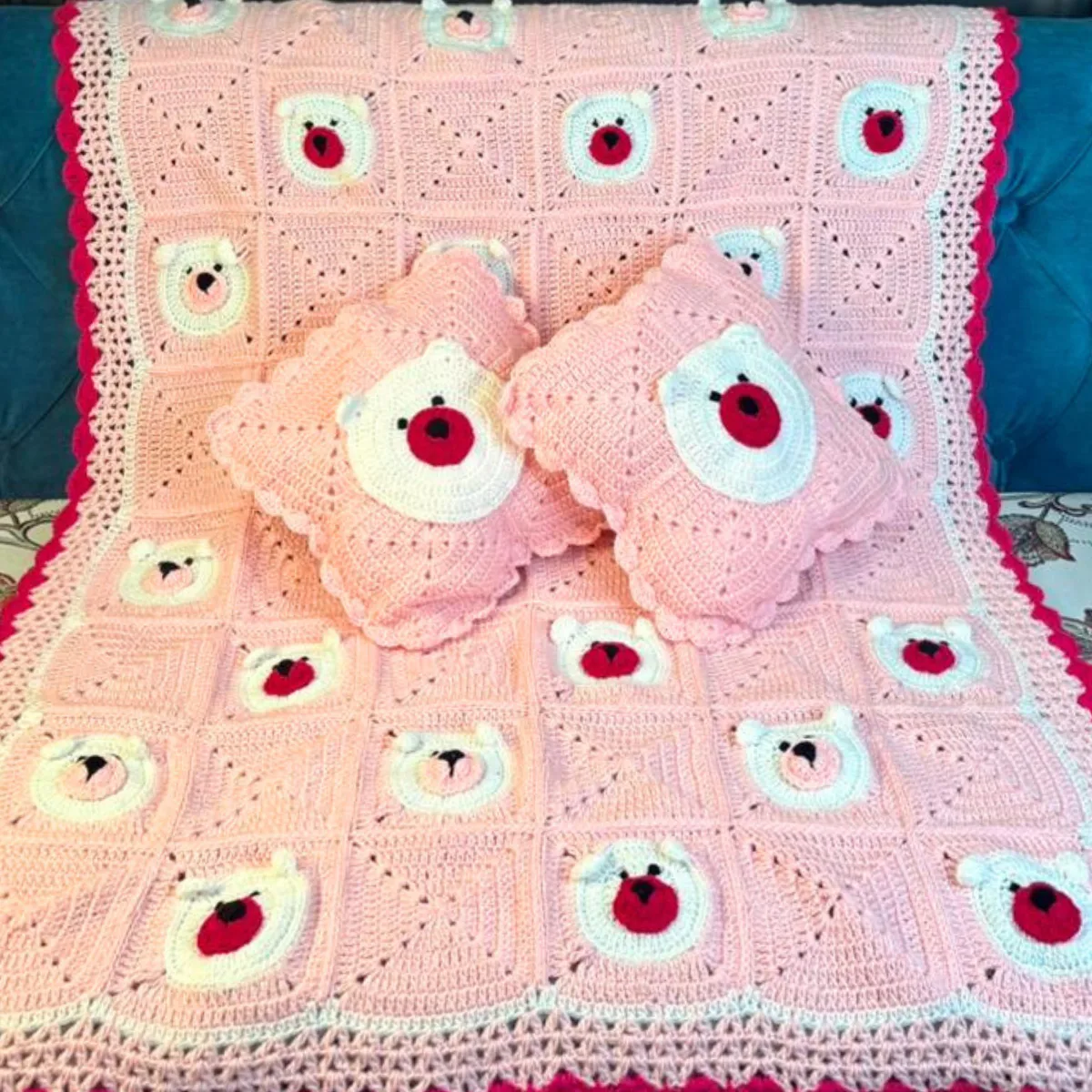 Polar Bear Patchwork Hand-Knitted Crochet Baby Throw & Pillow Set