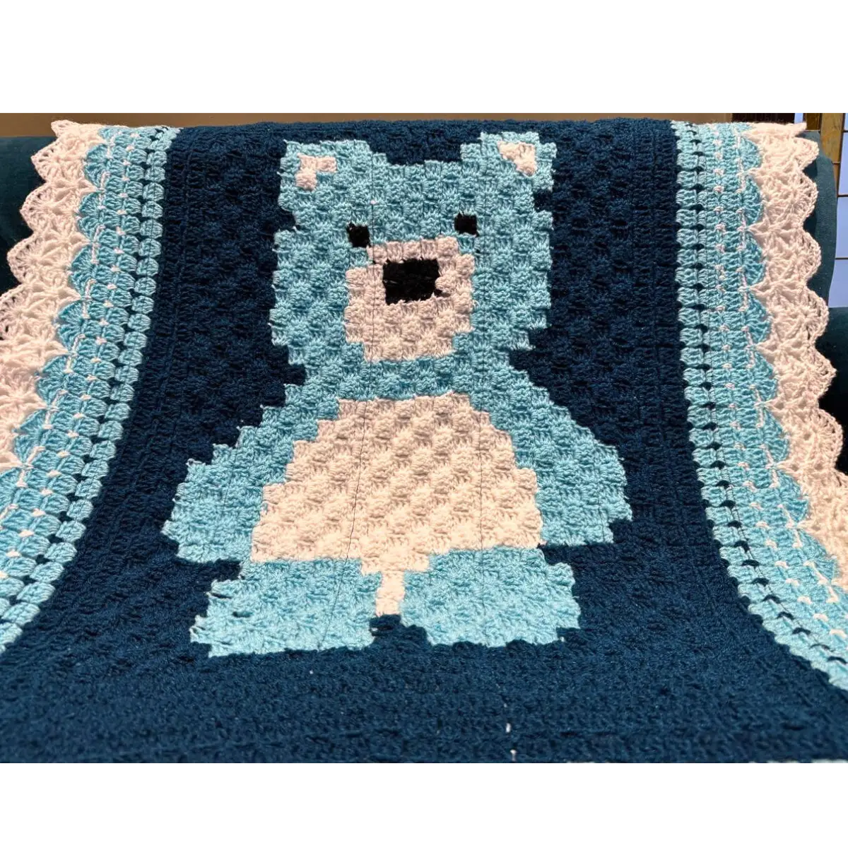 Blue Frost Teddy Bear C2C Hand-Knitted Crochet Baby Throw