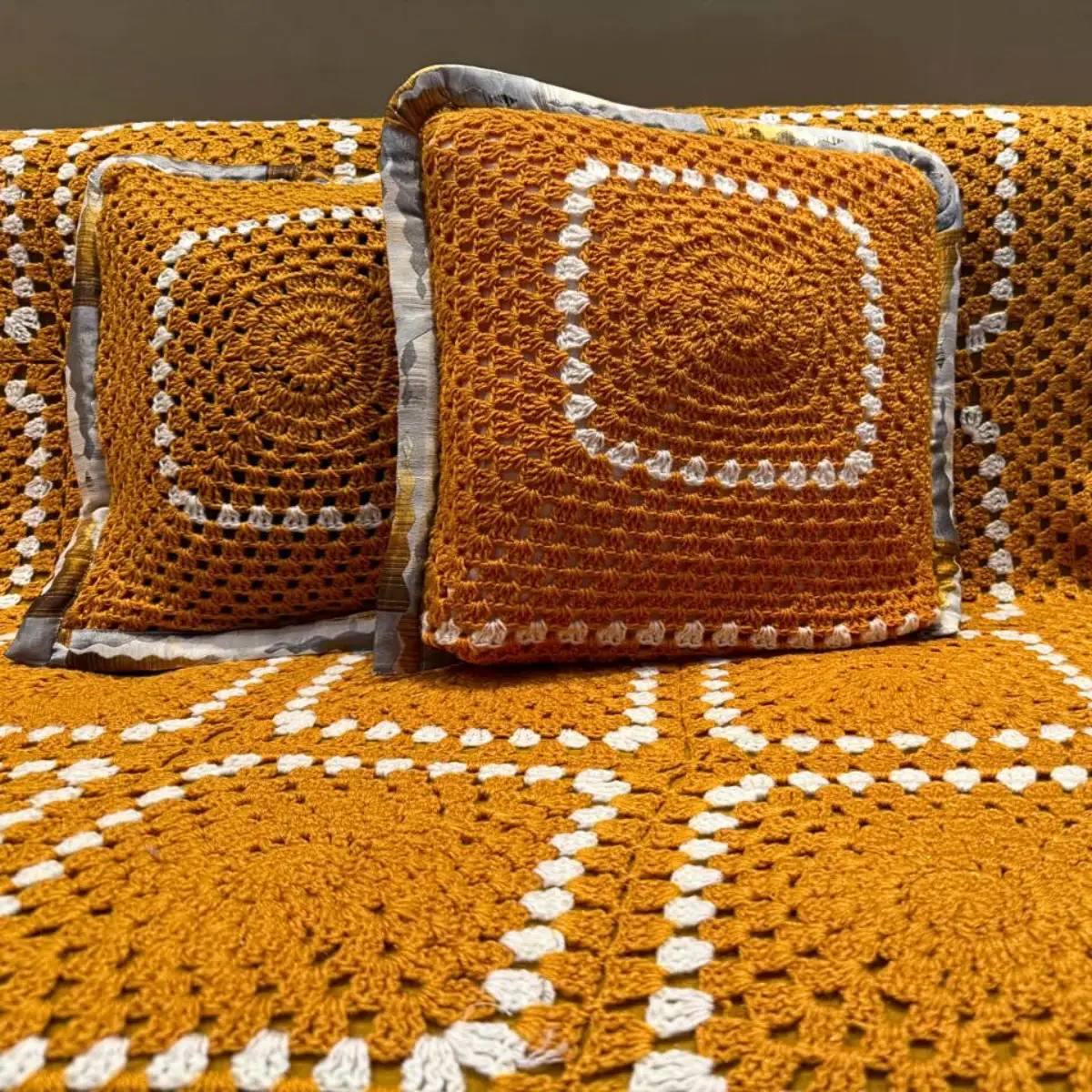 Handmade Mustard Yellow Crochet Throw Set – Sunburst Square Pattern with Matching Cushion Covers - Image 4