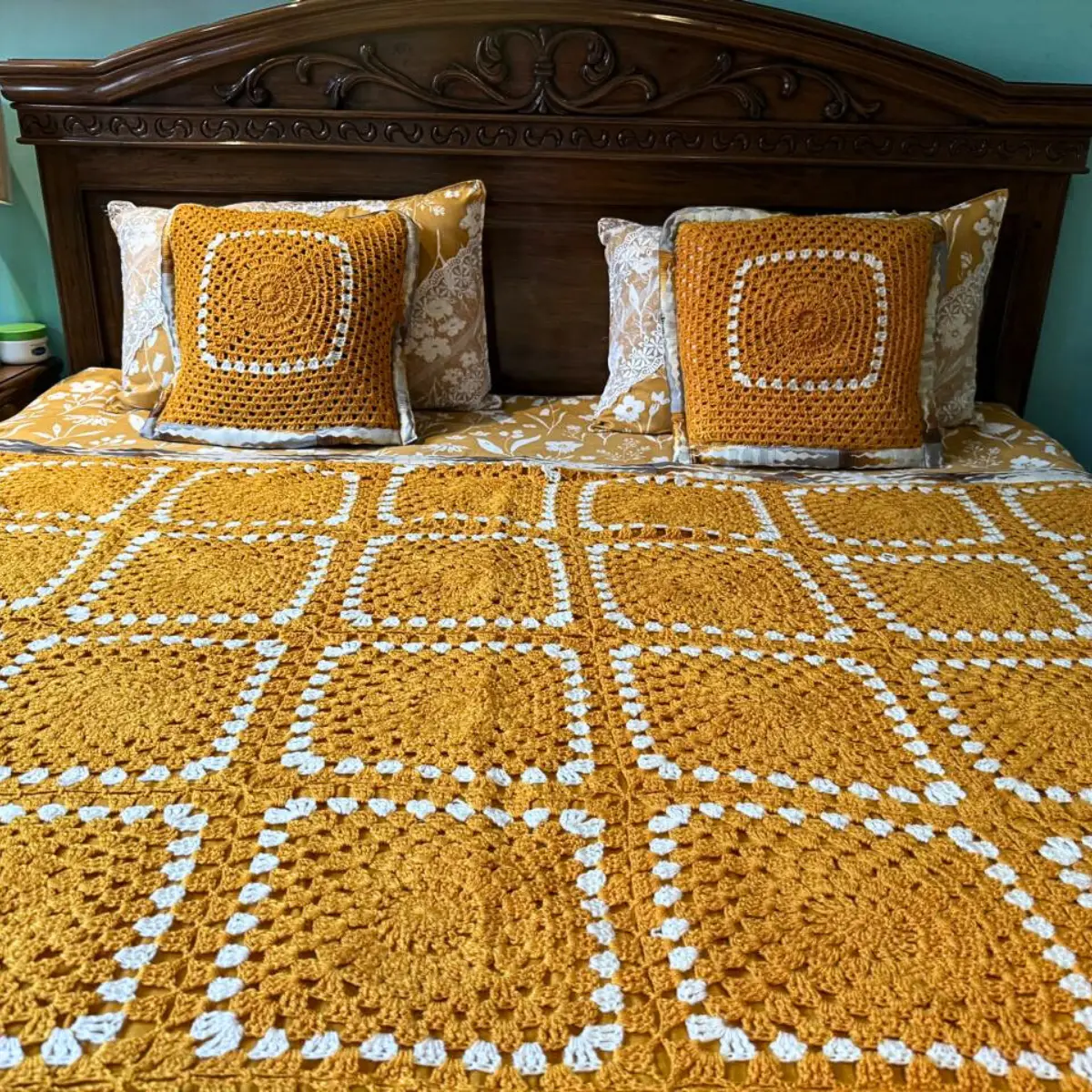 Handmade Mustard Yellow Crochet Throw Set – Sunburst Square Pattern with Matching Cushion Covers - Image 2