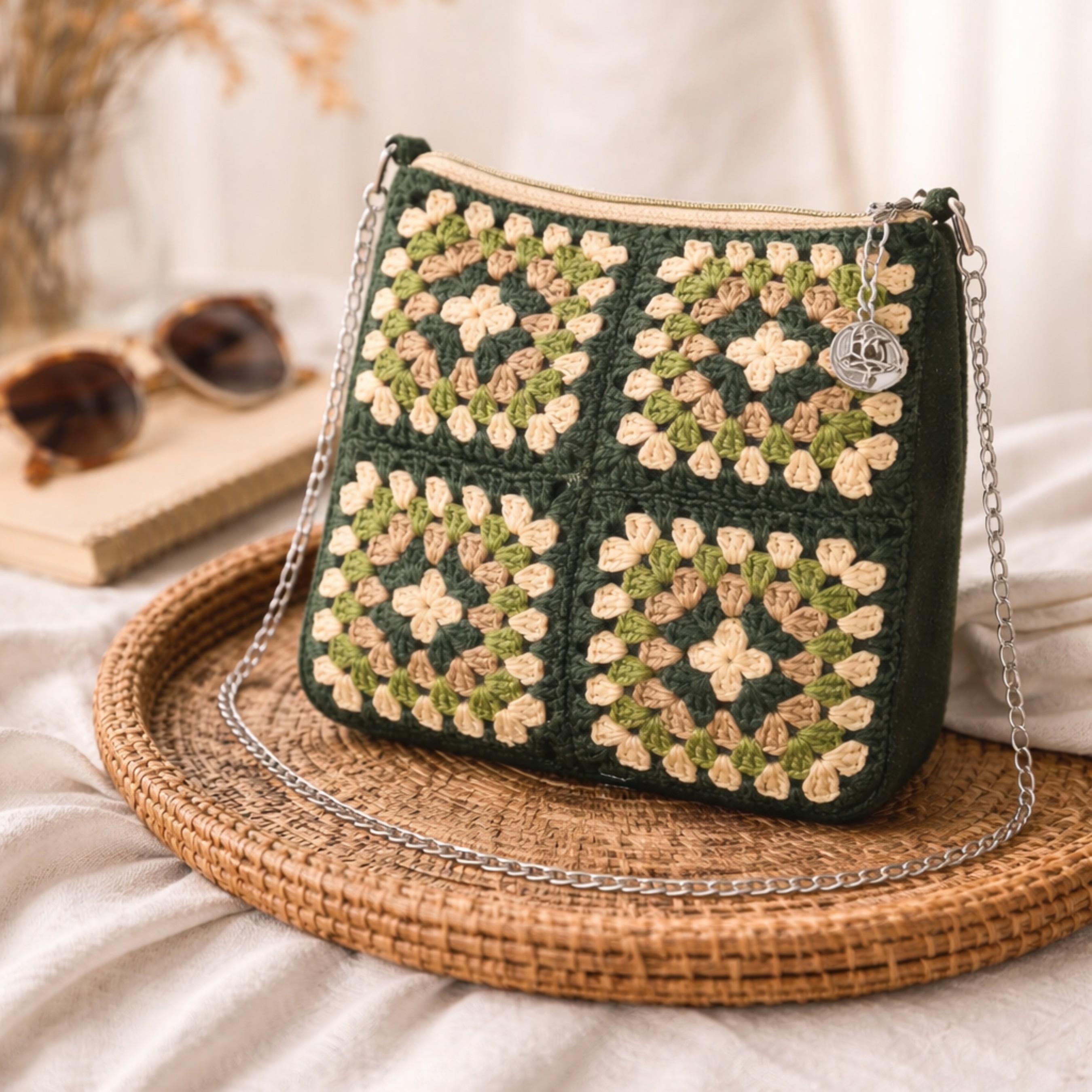 Hand Crochet Granny Square Crossbody Bag – Boho Chic Zippered Shoulder Bag with Silver Chain Strap – Multicolor Floral Vintage Style - Image 4