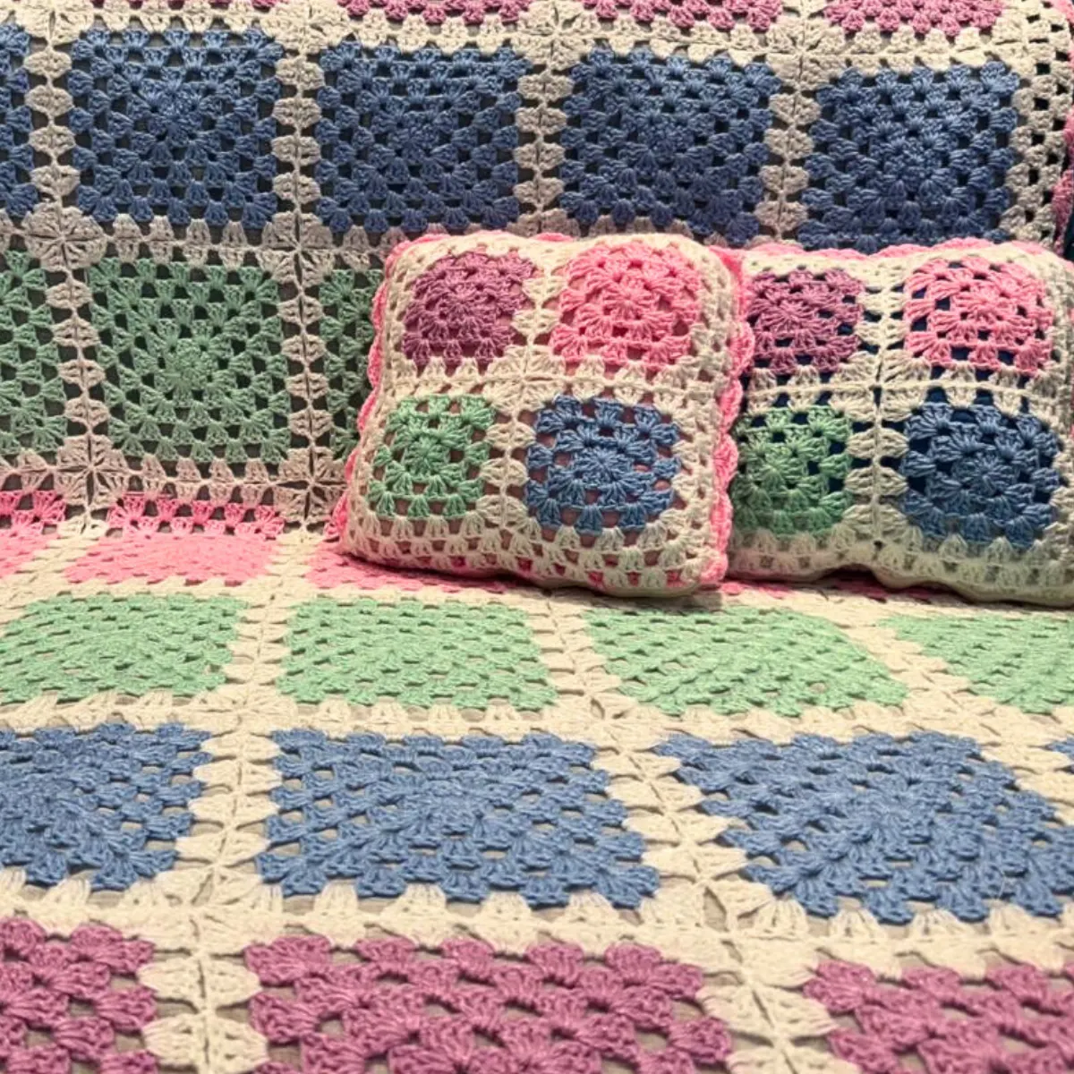 Sweet Dreams Hand-Knitted Pastel Granny Square Baby Throw & Pillow Set