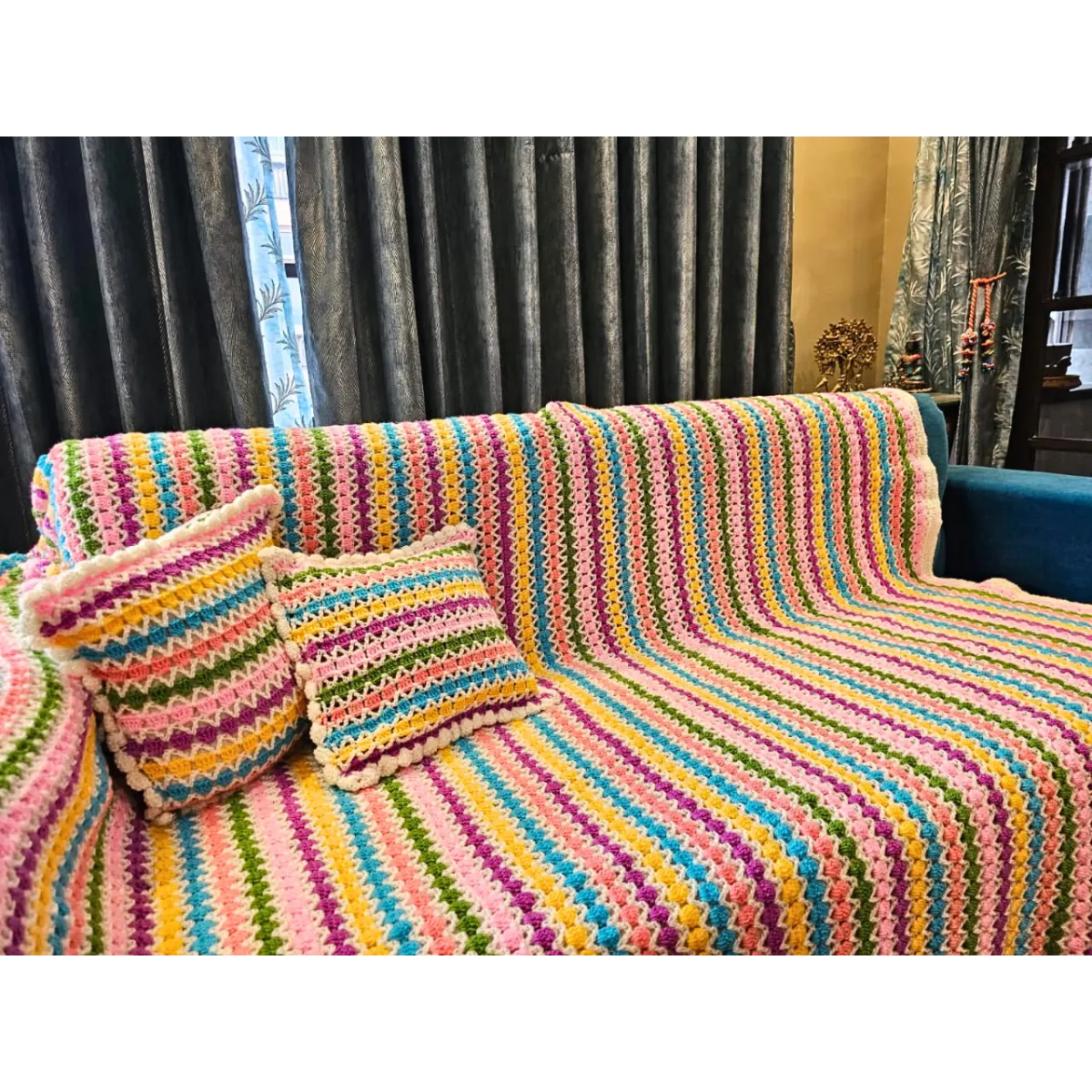 Handmade Rainbow Stripe Crochet Bedspread Set – Colorful Bohemian Throw with Scalloped White Border