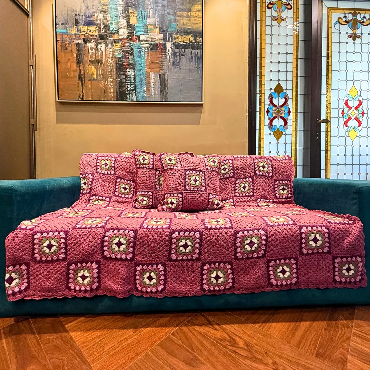 Handmade Vintage Rose Crochet Sofa Set – Floral Granny Square Design with Matching Cushion Covers - Image 2