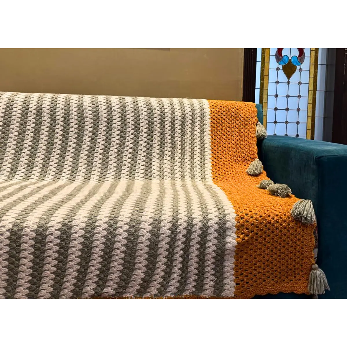Handmade Grey & Ochre Striped Crochet Sofa Set – Textured Color-Block Throw with Decorative Tassels - Image 2