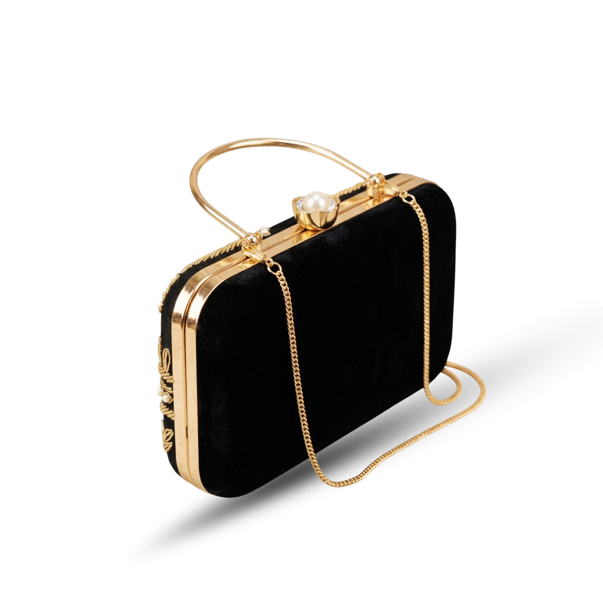 Black Velvet Embroidered Clutch with Gold Detailing & Pearl Work | Luxury Hard Case Evening Bag with Chain Sling & Metal Handle - Image 2