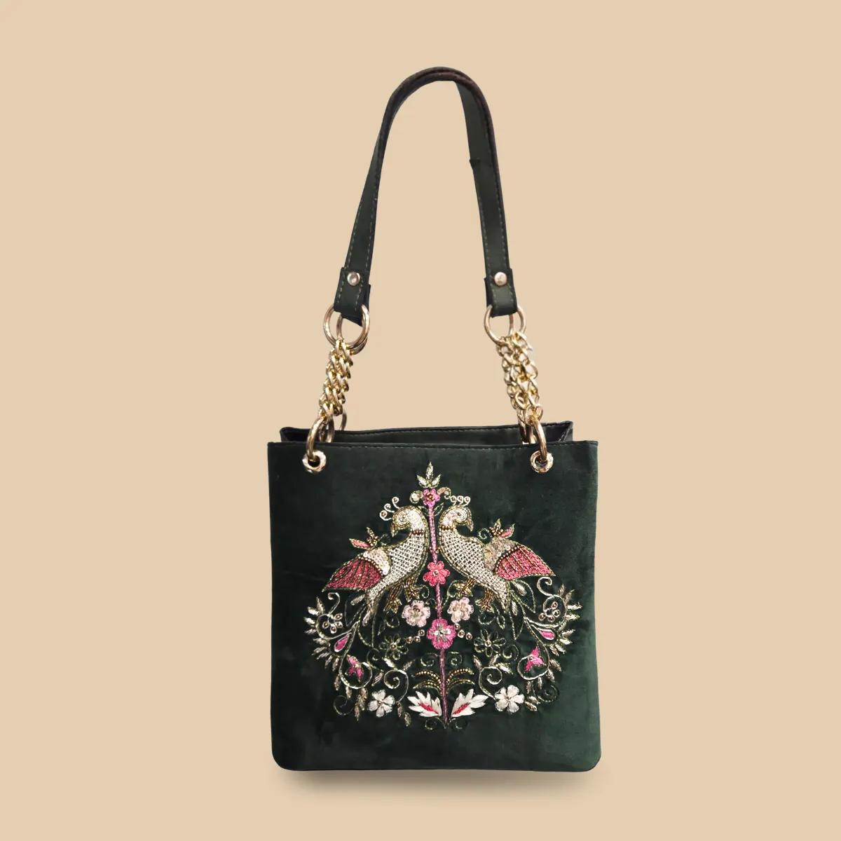 Emerald Green Twin Bird Embroidered Velvet Tote Bag