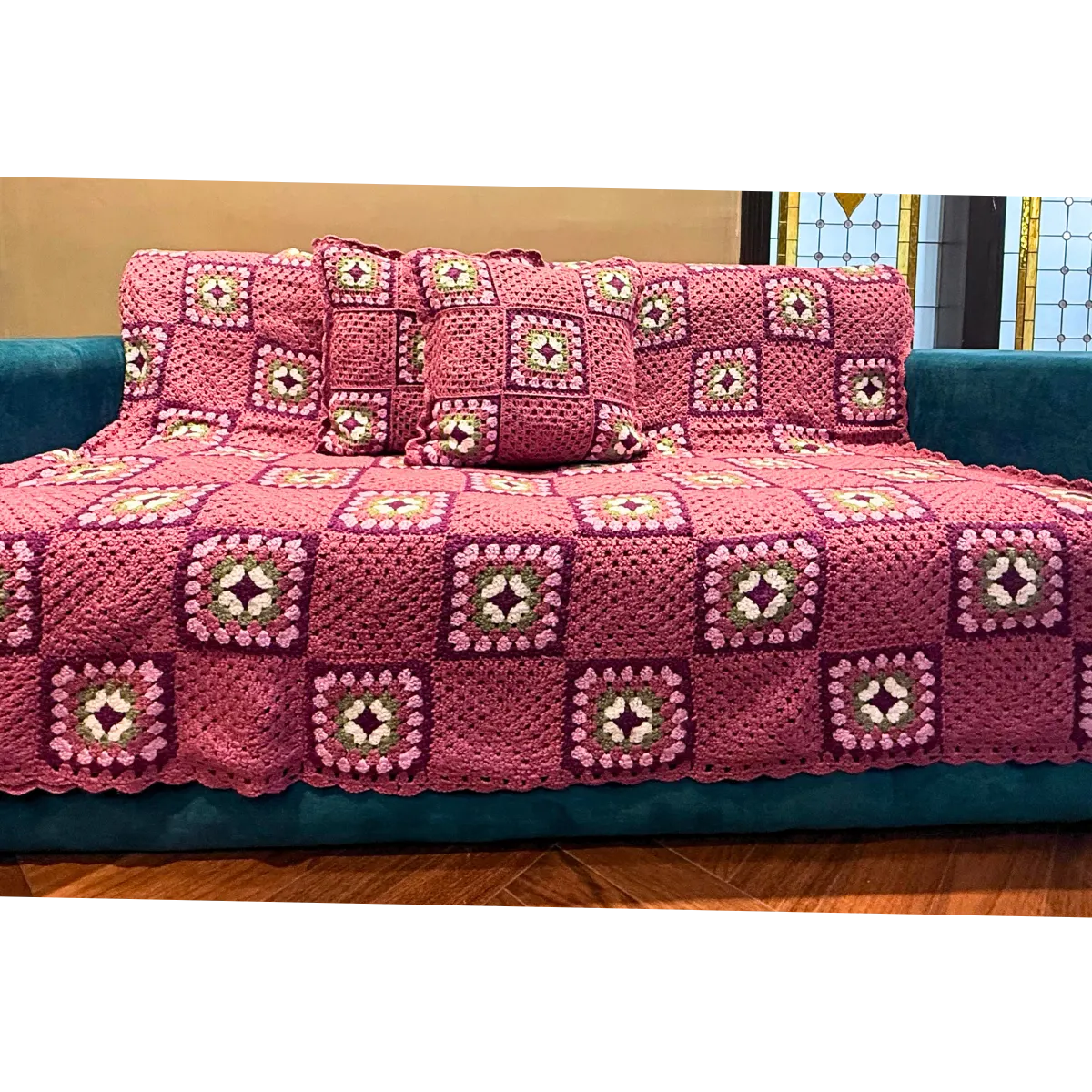 Handmade Vintage Rose Crochet Sofa Set – Floral Granny Square Design with Matching Cushion Covers