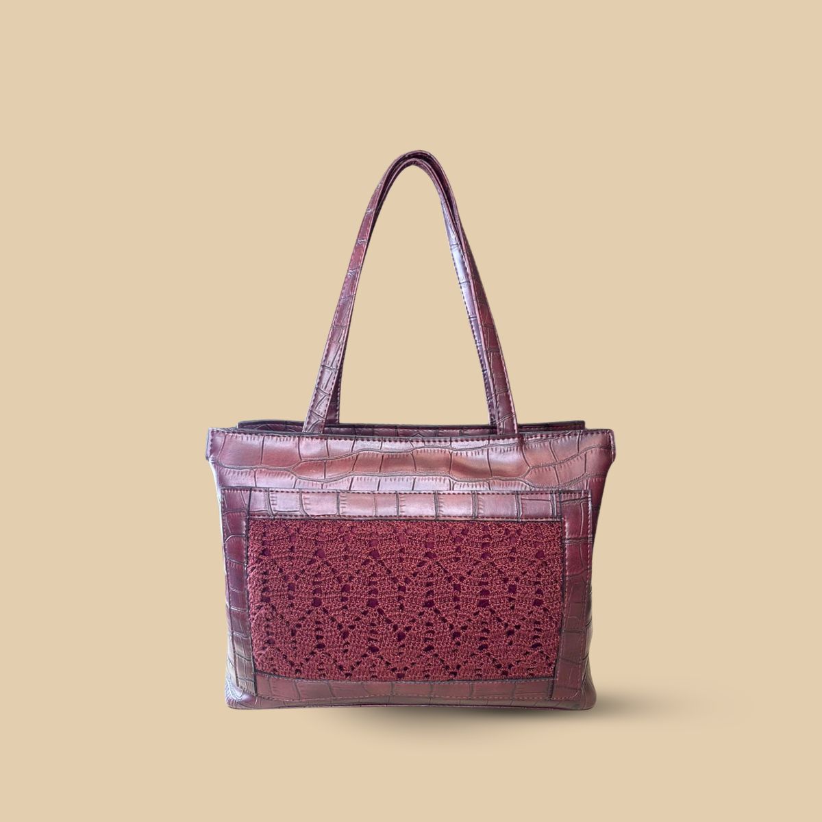 Elegant Burgundy Crocodile Embossed Tote Bag for Women – Large Capacity Shoulder Handbag with Textured Lace Inlay and Gold-Tone Hardware - Image 2