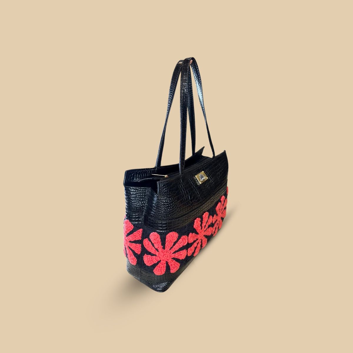 Luxury Embossed Crocodile Tote Bag for Women – Chic Black Handbag with Vibrant Red Crochet Floral Accents – Spacious Statement Shoulder Bag - Image 2