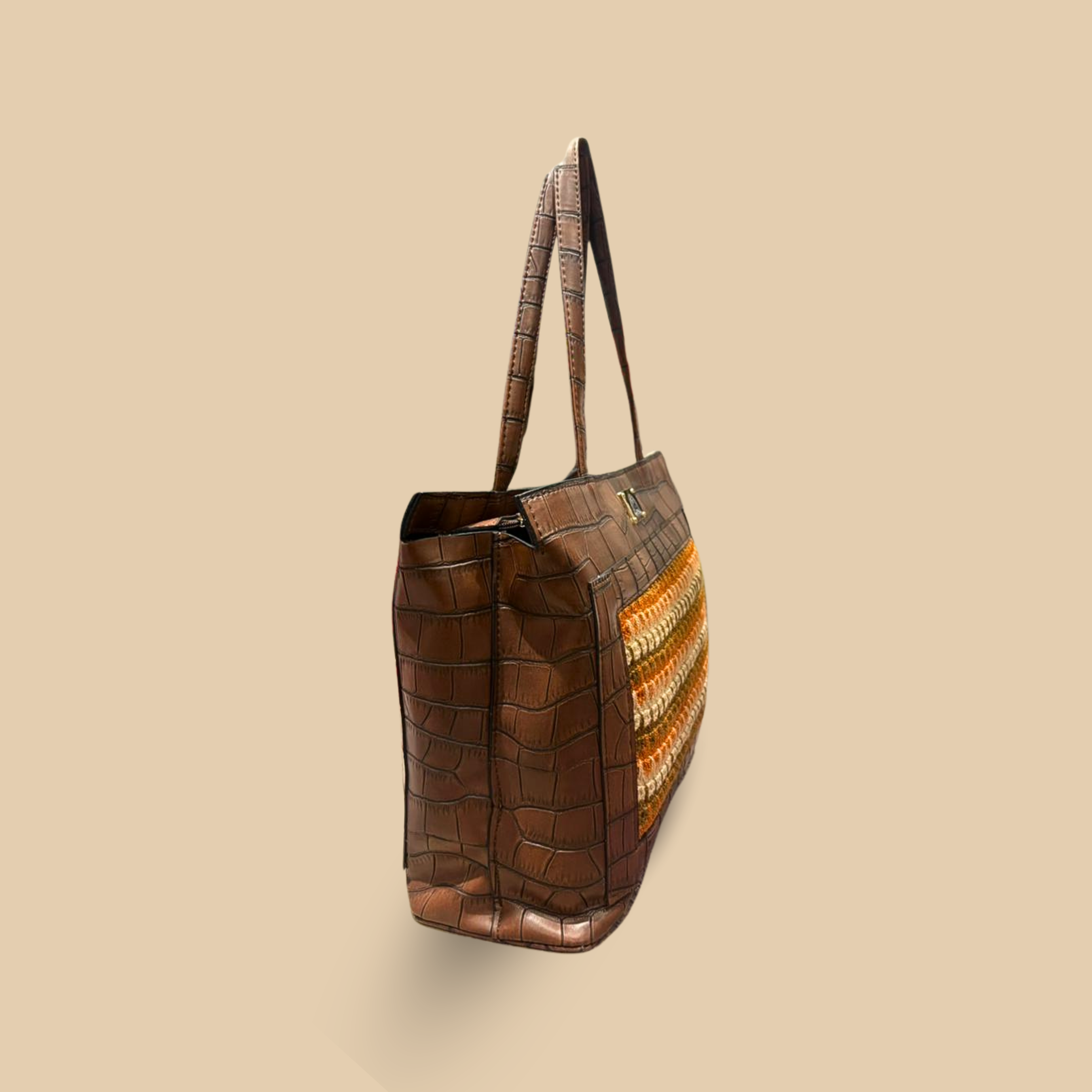Handcrafted Croc-Embossed Faux Leather Tote Bag with Artisan Crochet Inlay – Earthy Brown & Terracotta - Image 3