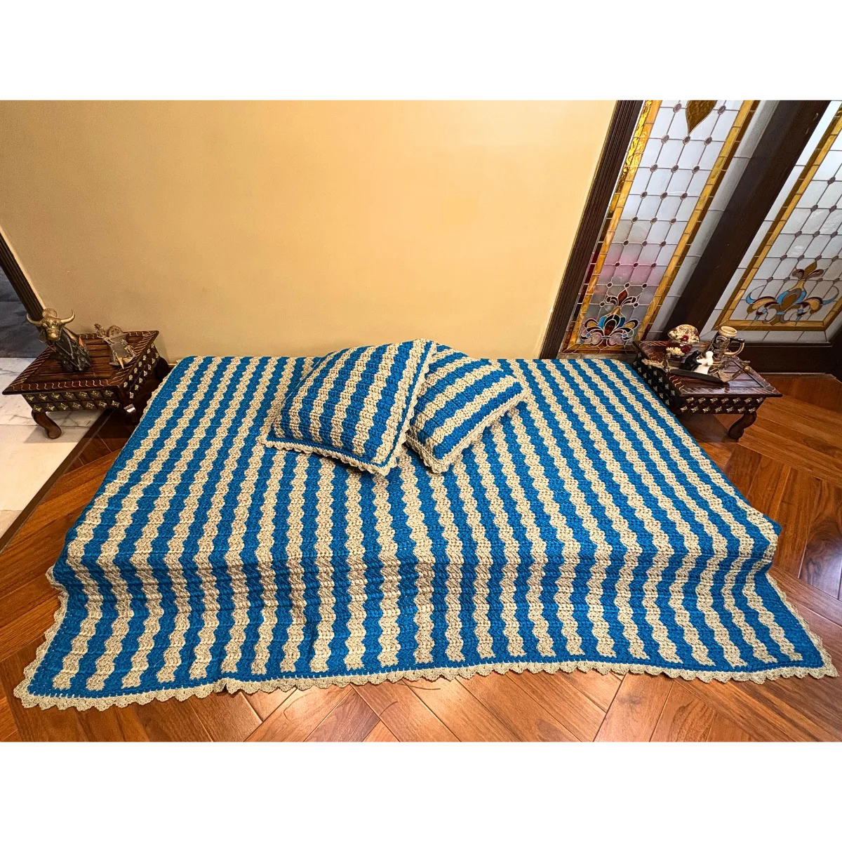 Handmade Blue & Cream Nautical Striped Crochet Throw Set – Wavy Textured Blanket with Scalloped Lace Edging
