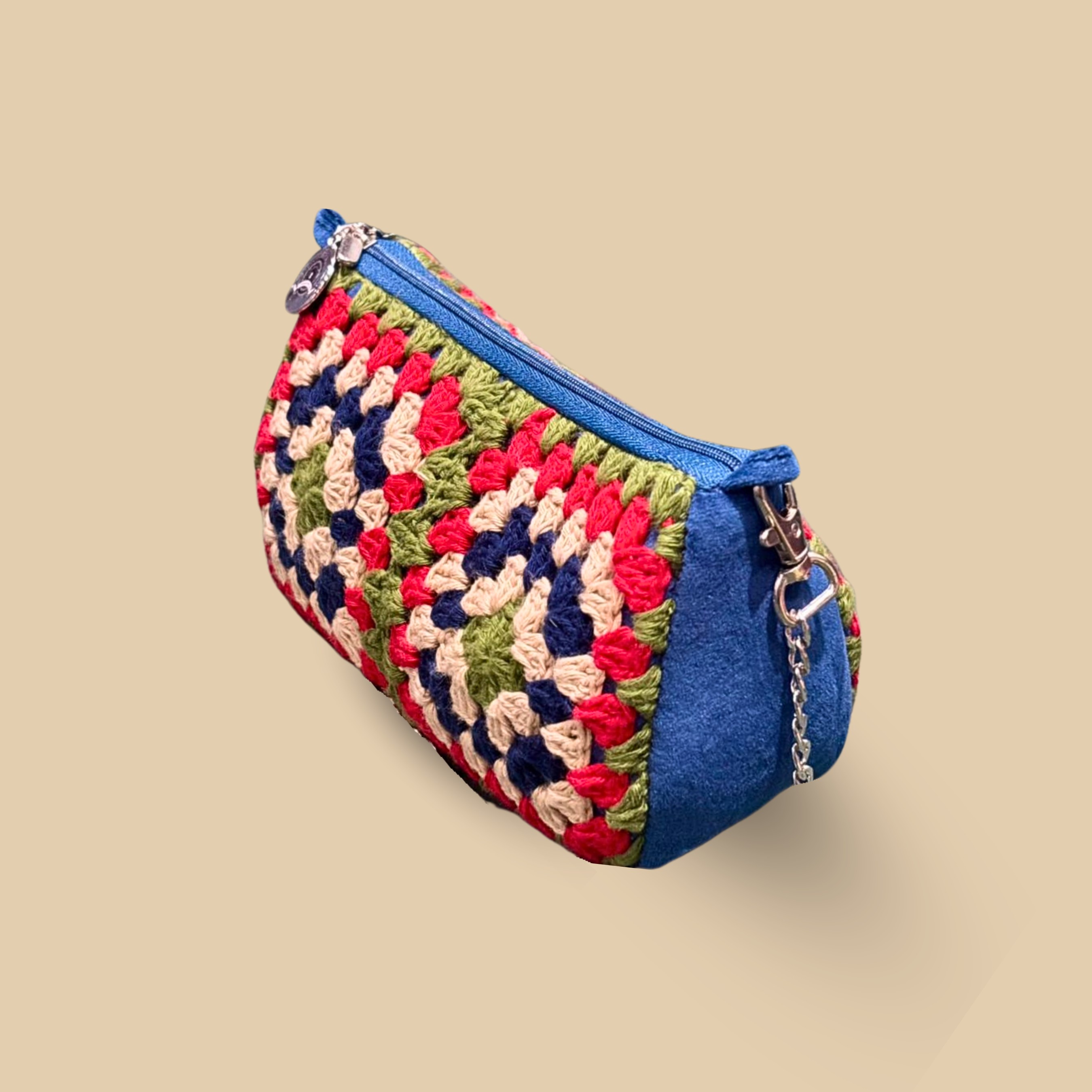 Handmade Blue Crochet Granny Square Crossbody Bag – Retro Chic Sling Purse with Silver Chain Strap & Secure Zipper - Image 4