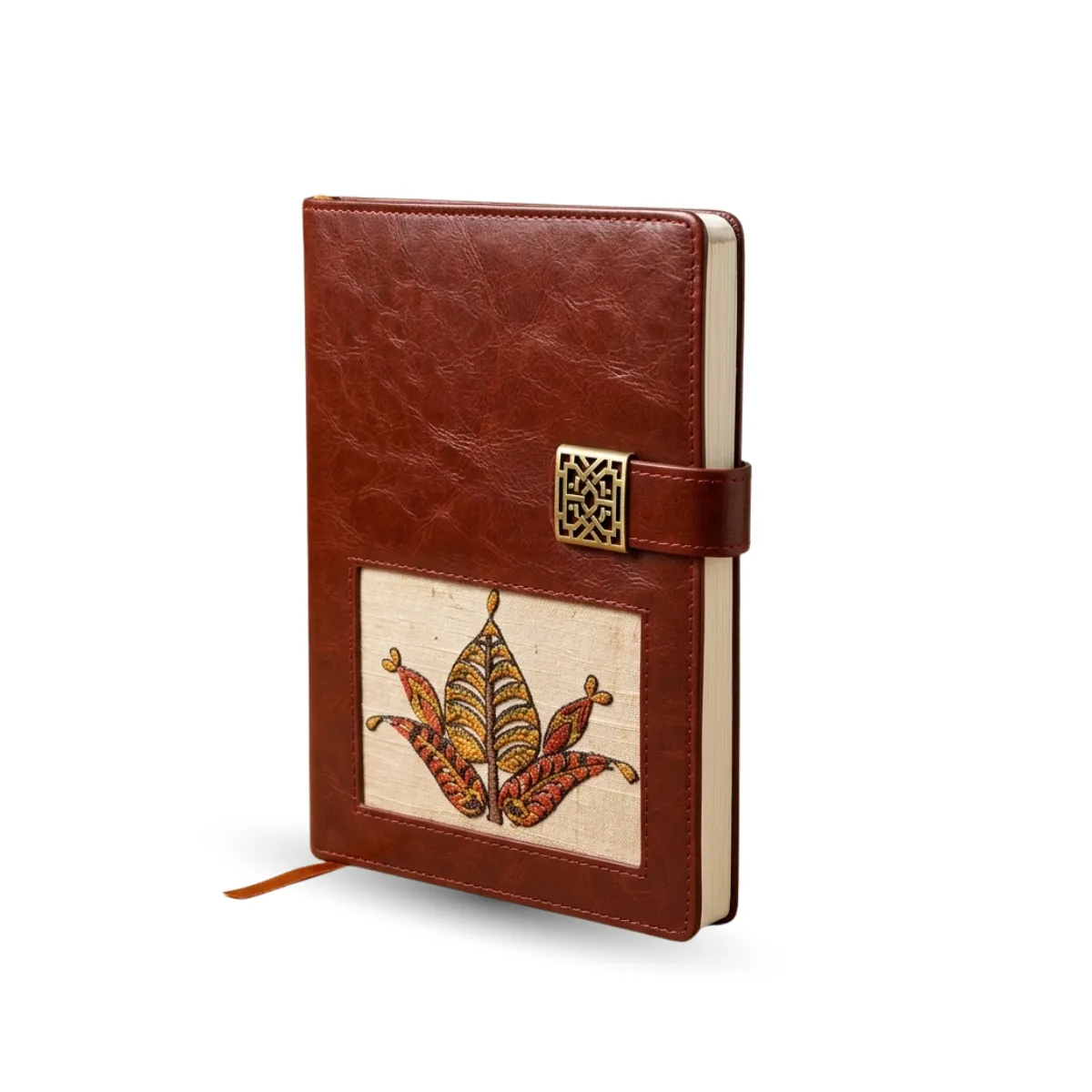 Artisanal Hand-Embroidered Leatherette Journal – Traditional Ethnic Floral Motif Hardcover Notebook for Writing, Sketching, and Gifting (A5 Size)