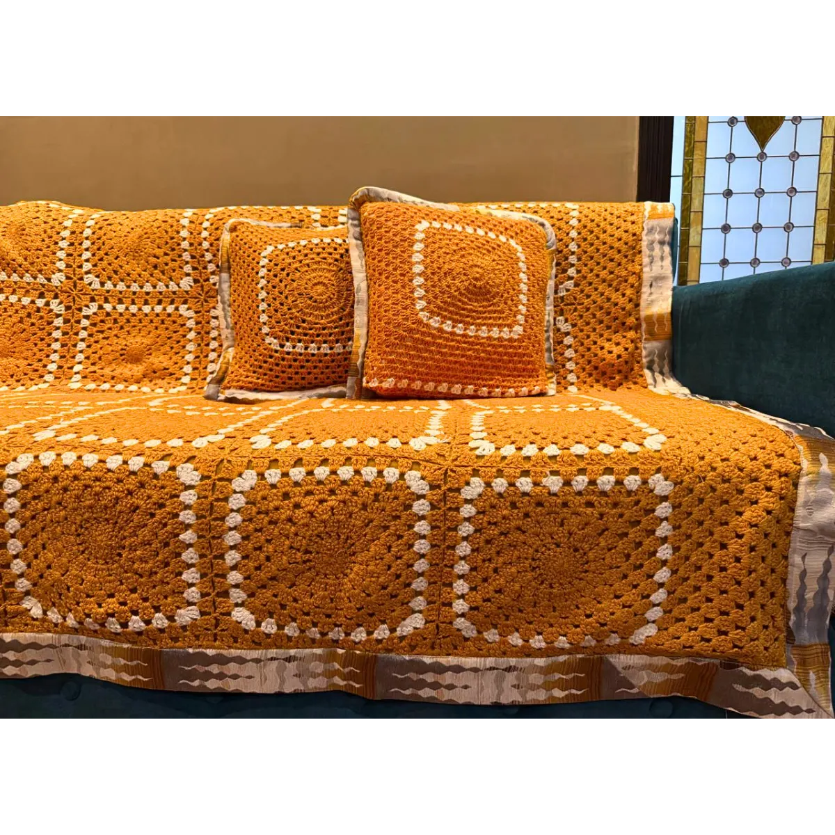 Handmade Mustard Yellow Crochet Throw Set – Sunburst Square Pattern with Matching Cushion Covers