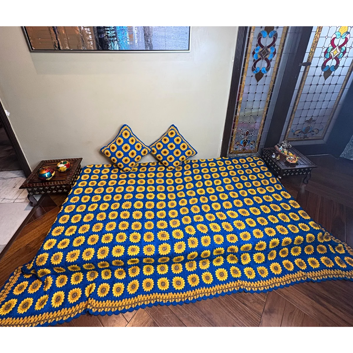 Handmade sunflower Patchwork Crochet Set – Vibrant Floral Granny Square Throw with Matching Cushions