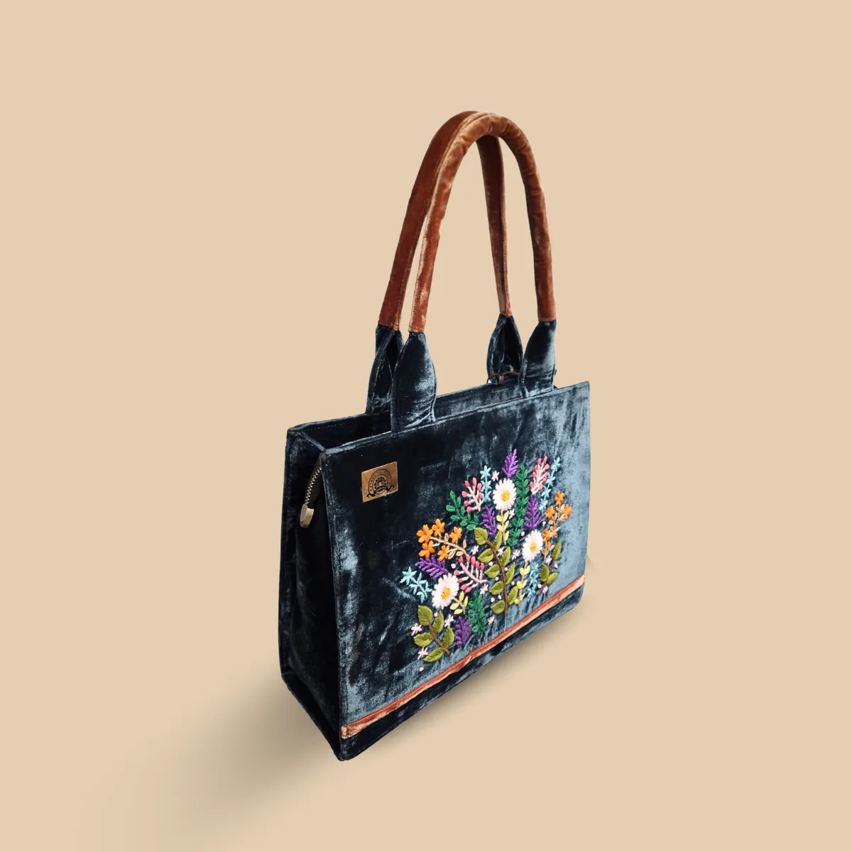 Teal Blue Velvet Tote Bag with Coral Accents and Vibrant Wildflower - Image 2