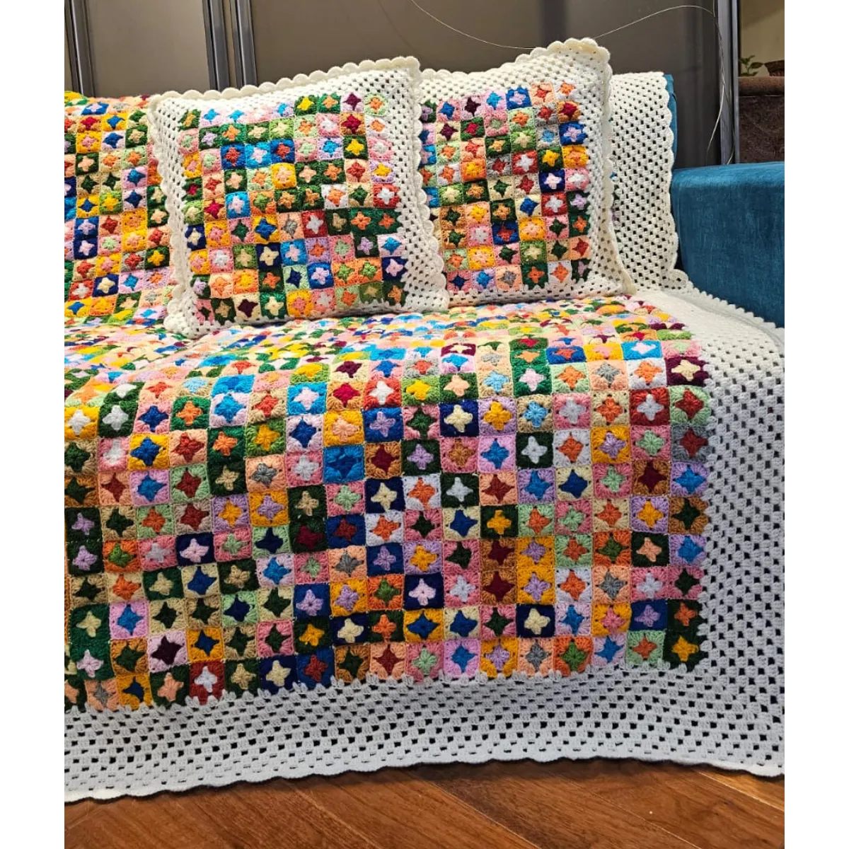 Pastel Mosaic Hand-Knitted Micro-Granny Square Crochet Throw & Pillow Set - Image 3