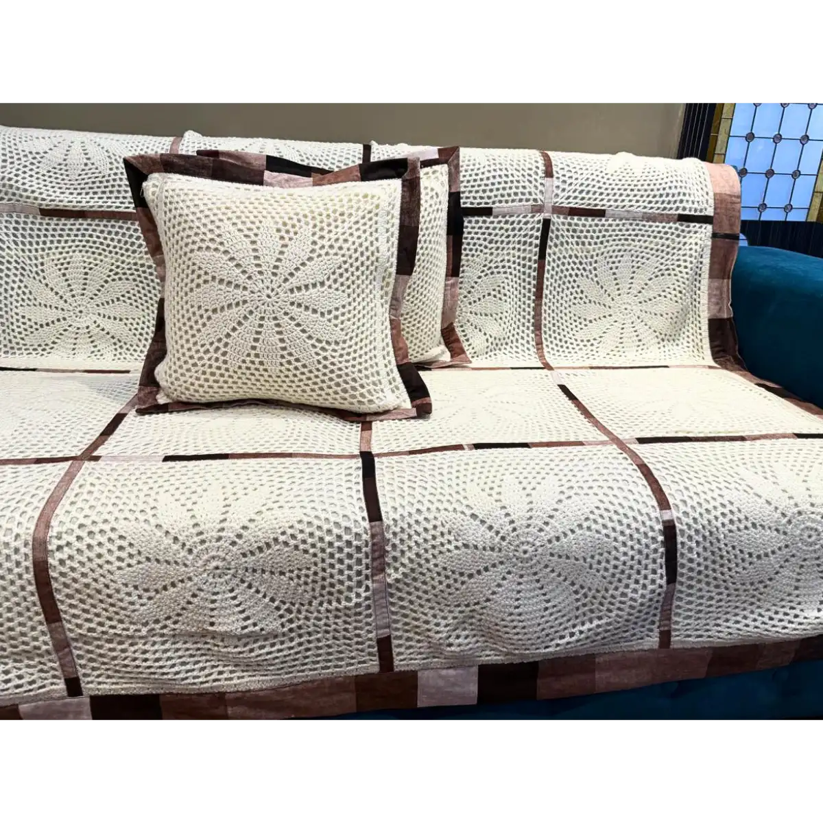 Handmade Cream Crochet Sofa Cover Set – Sunburst Lace Pattern with Brown Checkered Fabric Borders