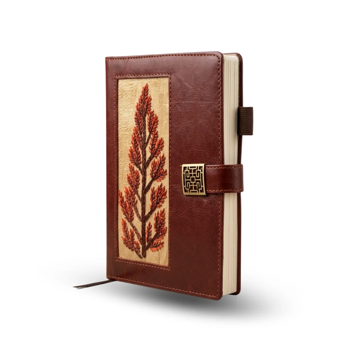 Vintage Faux Leather Journal with Embroidered Fern, A5 Notebook with Decorative Metal Clasp, Pen Loop & Ribbon Bookmark, Brown - Image 2