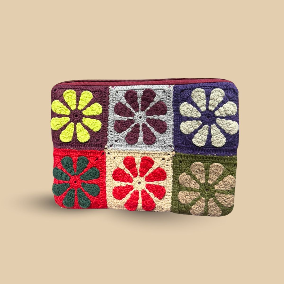 Handmade Crochet Floral Granny Square Laptop Sleeve | Bohemian Padded Tech Case with Zipper | Colorful Multi-Pattern Laptop Bag for 13-14 inch Laptops