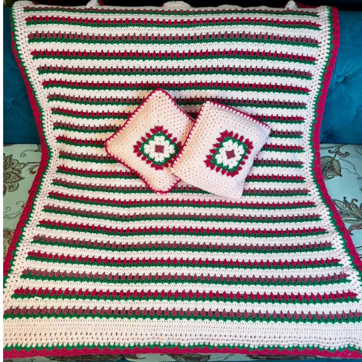 Festive Garden Hand-Knitted Crochet Baby Throw with Matching Granny Square Pillows