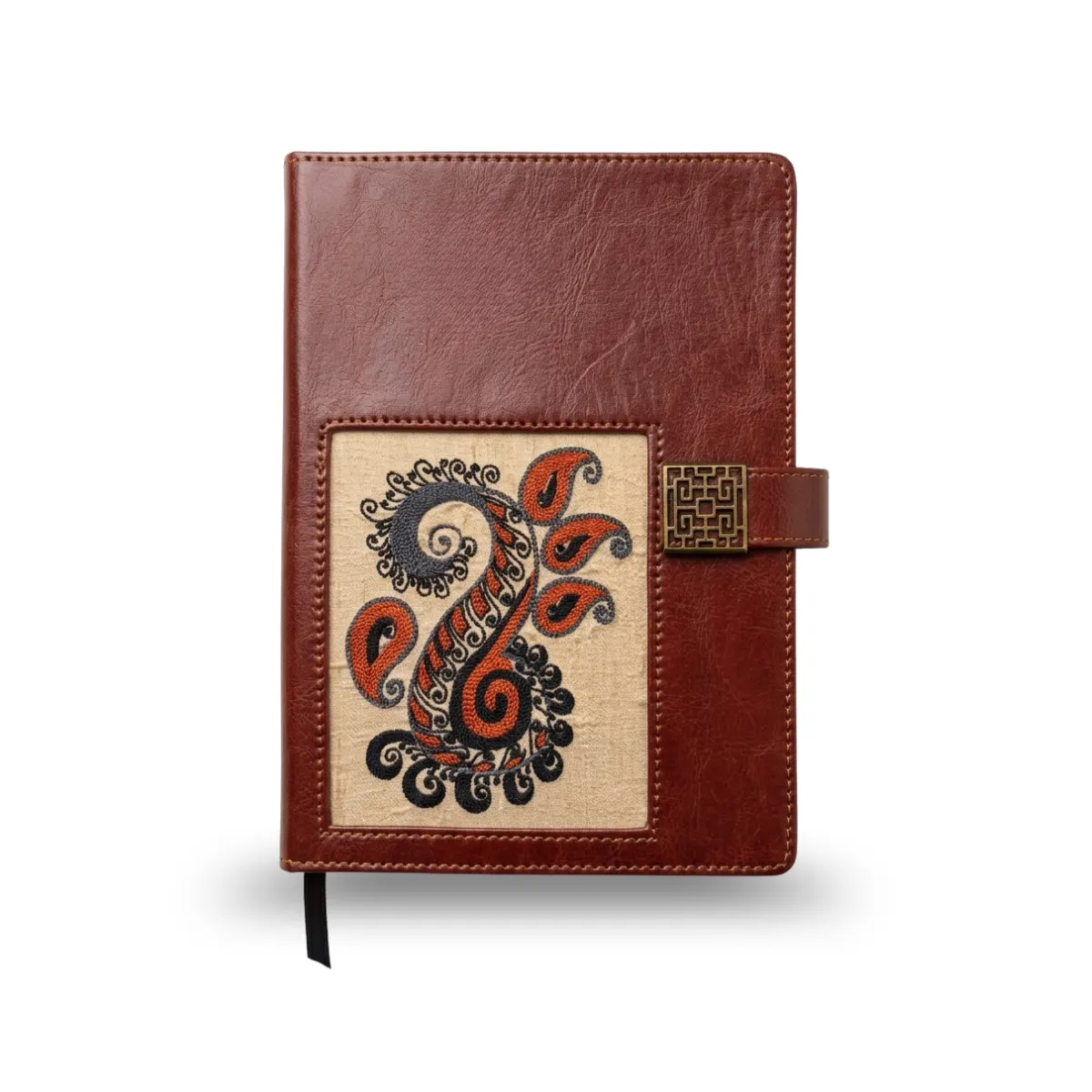 Artisan Heritage Faux Leather Journal – Traditional Paisley Embroidery Inlay Notebook with Ornate Brass Clasp, A5 Writing Diary for Professionals and Creatives