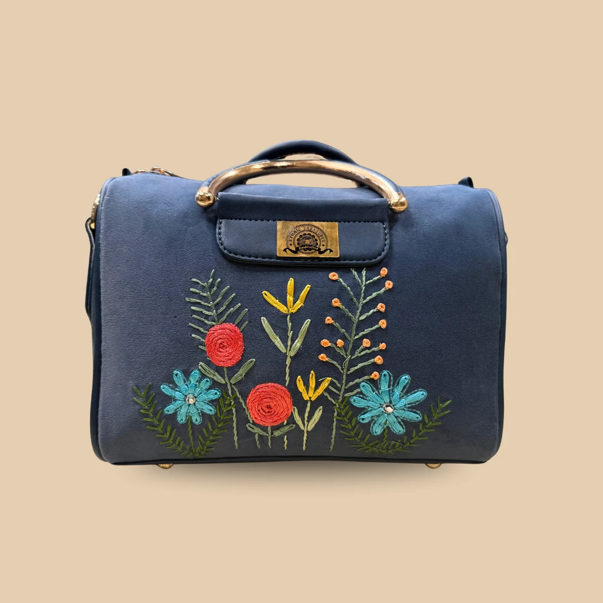 Navy Blue Handbag with Gold Metal Handles and Colorful Wildflower