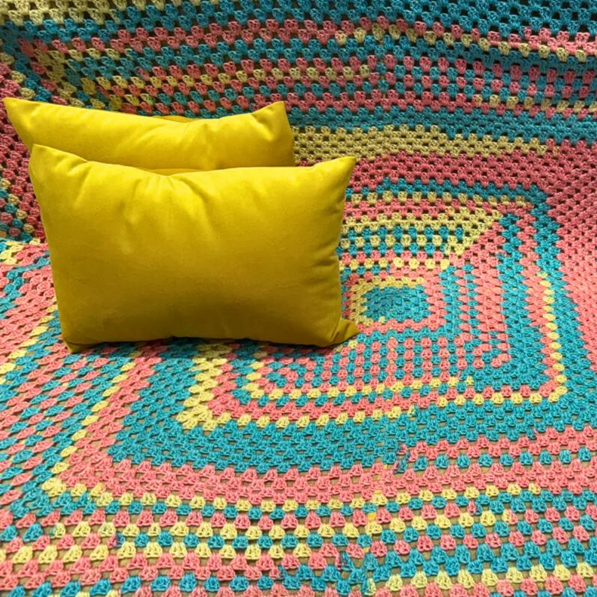 Sunny Skies Hand-Knitted Giant Granny Square Baby Throw with Velvet Pillows