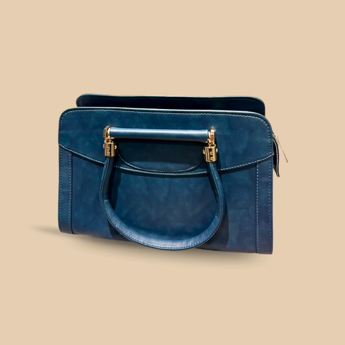Navy Blue Leather & Velvet Handbag with Gold Hardware and Delicate Floral Hand Embroidery - Image 4