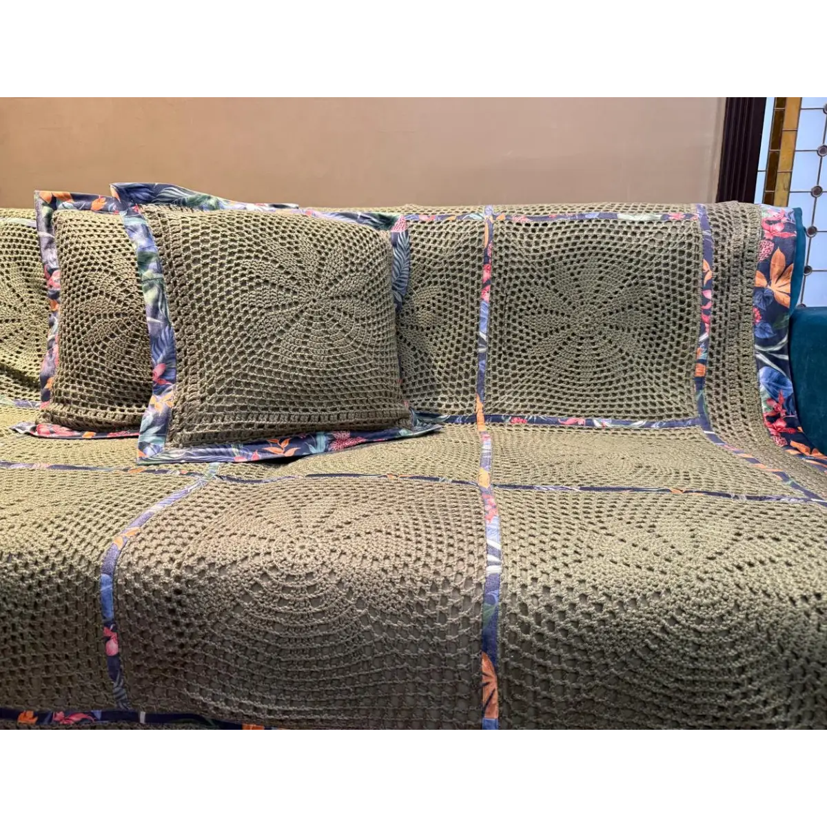 Handmade Olive Green Crochet Sofa Throw Set – Sunburst Pattern with Tropical Floral Fabric Borders - Image 3