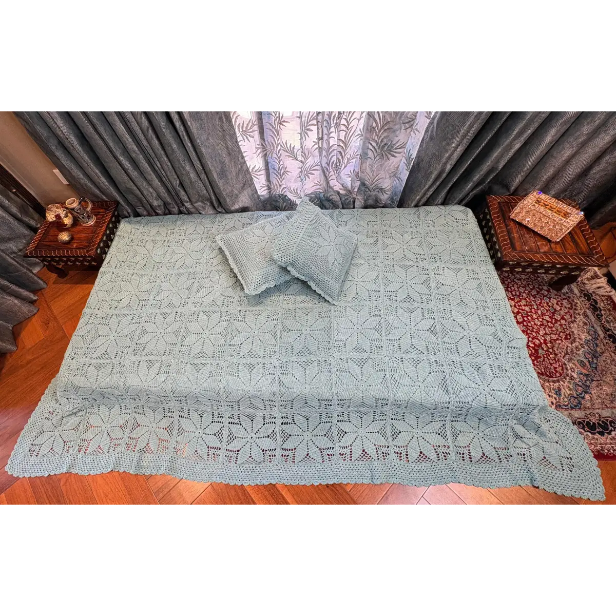 Handmade sea mist Crochet Bed Cover – Vintage Floral Sunburst Pattern with Scalloped Edges