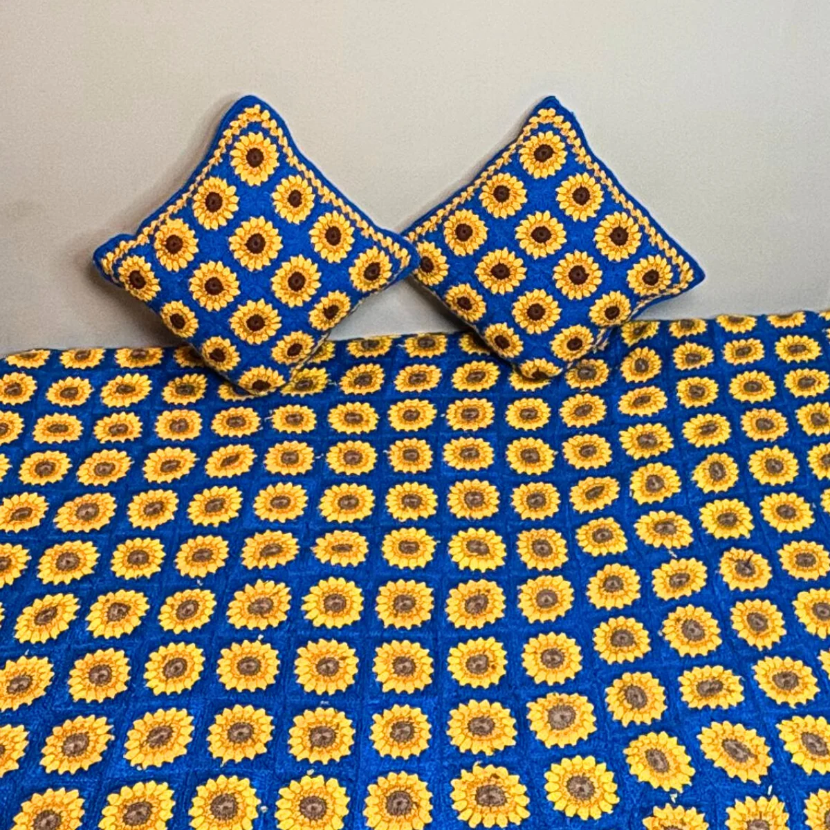 Handmade sunflower Patchwork Crochet Set – Vibrant Floral Granny Square Throw with Matching Cushions - Image 3