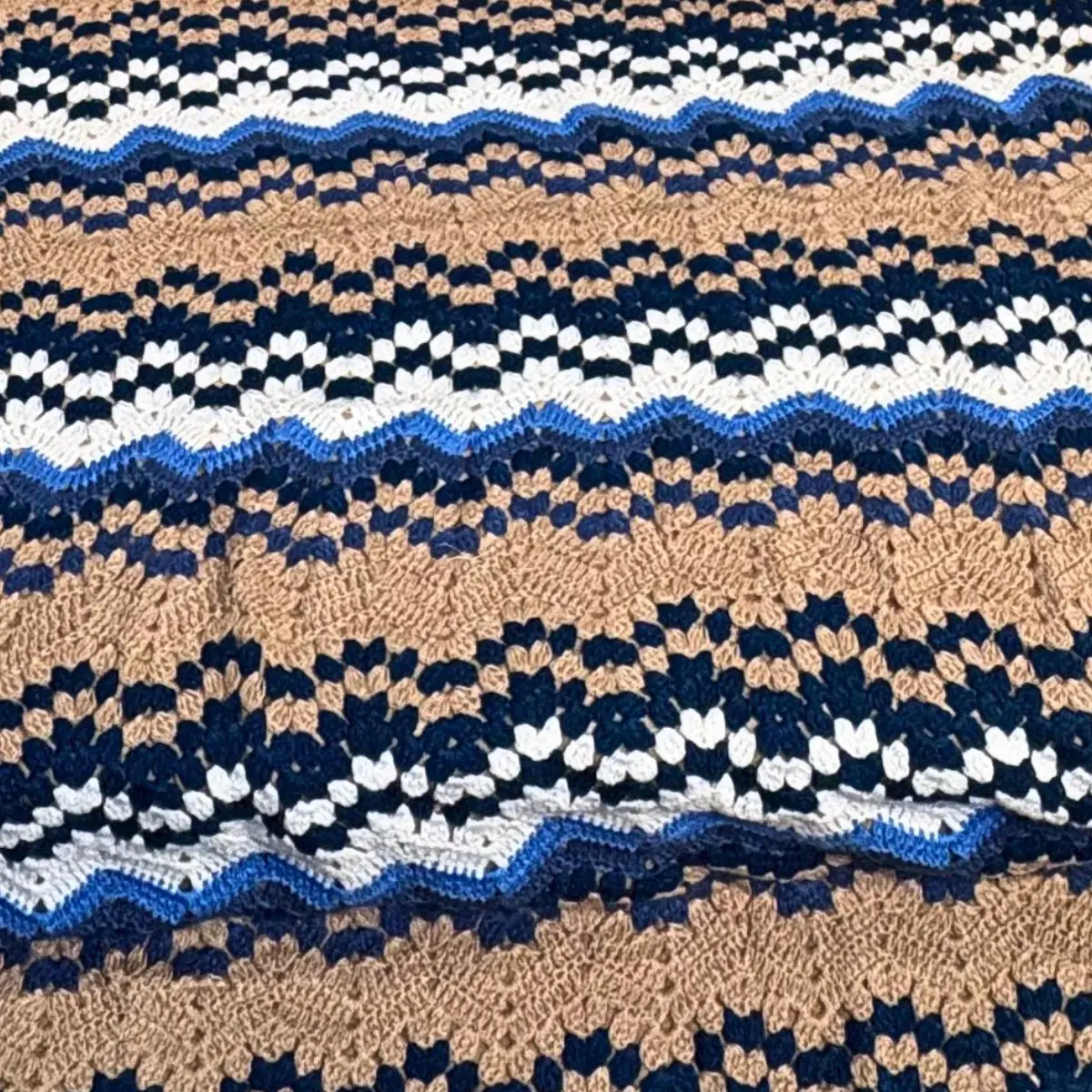 Artisan Hand-Knitted Chevron Crochet Bedspread Set with Matching Pillows - Blue & Beige - Image 4