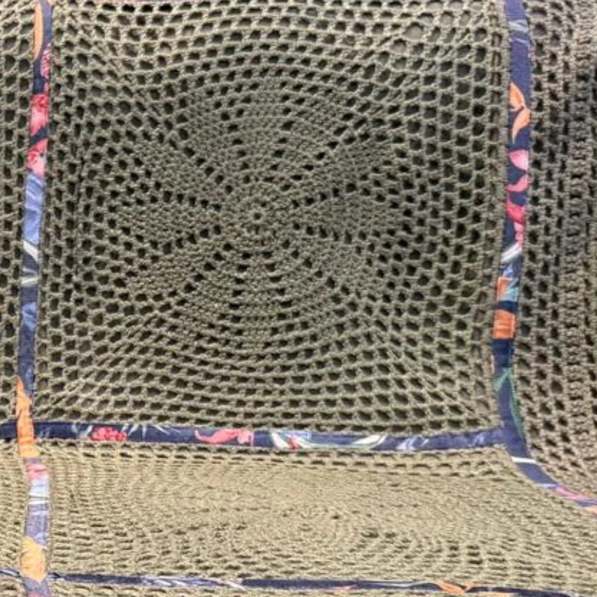 Handmade Olive Green Crochet Sofa Throw Set – Sunburst Pattern with Tropical Floral Fabric Borders - Image 4