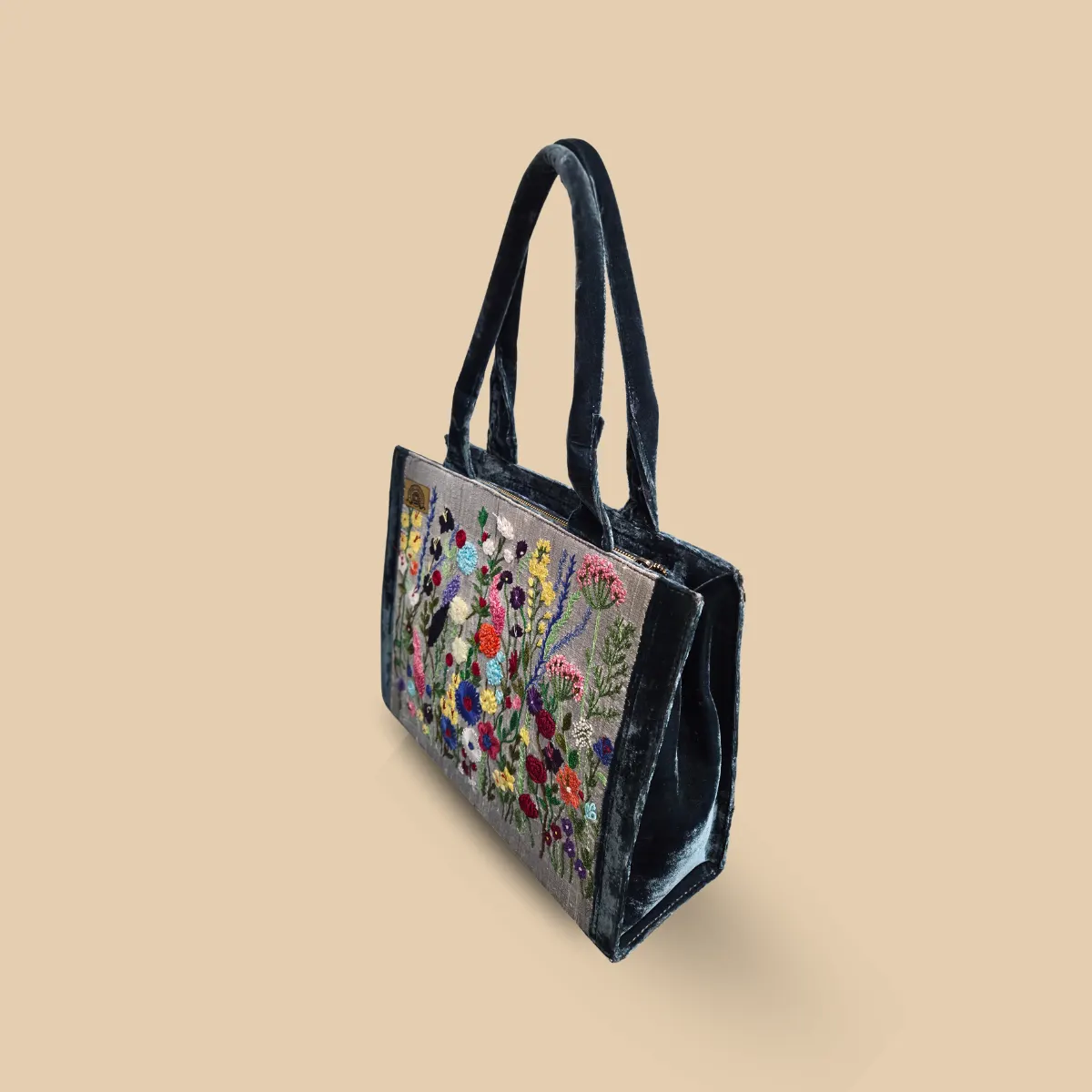 Grey Silk Tote Bag with Teal Velvet Accents and Exquisite Multicolor Wildflower - Image 2
