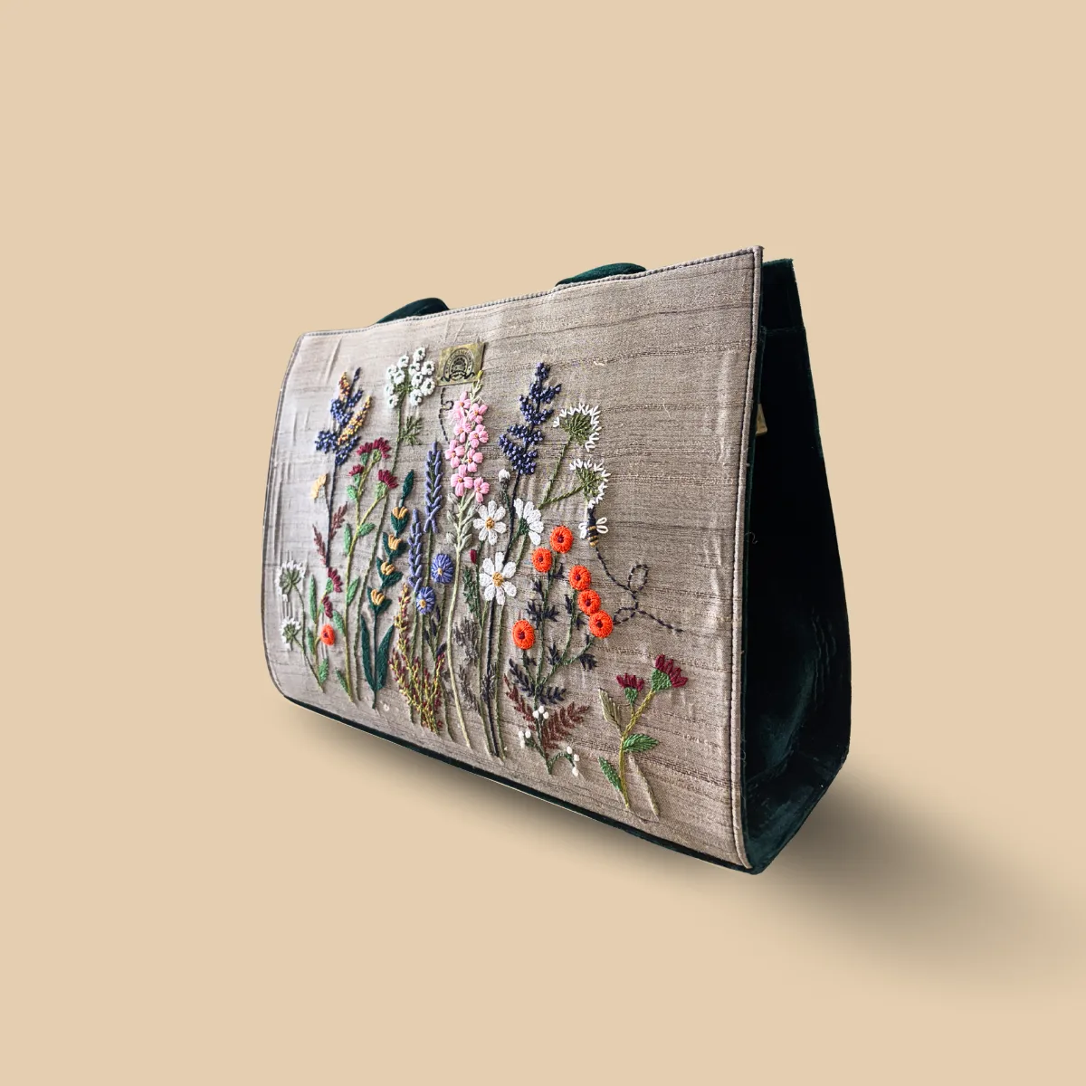 Beige Silk Tote Bag with Forest Green Velvet Handles and Multicolor Wildflower - Image 2