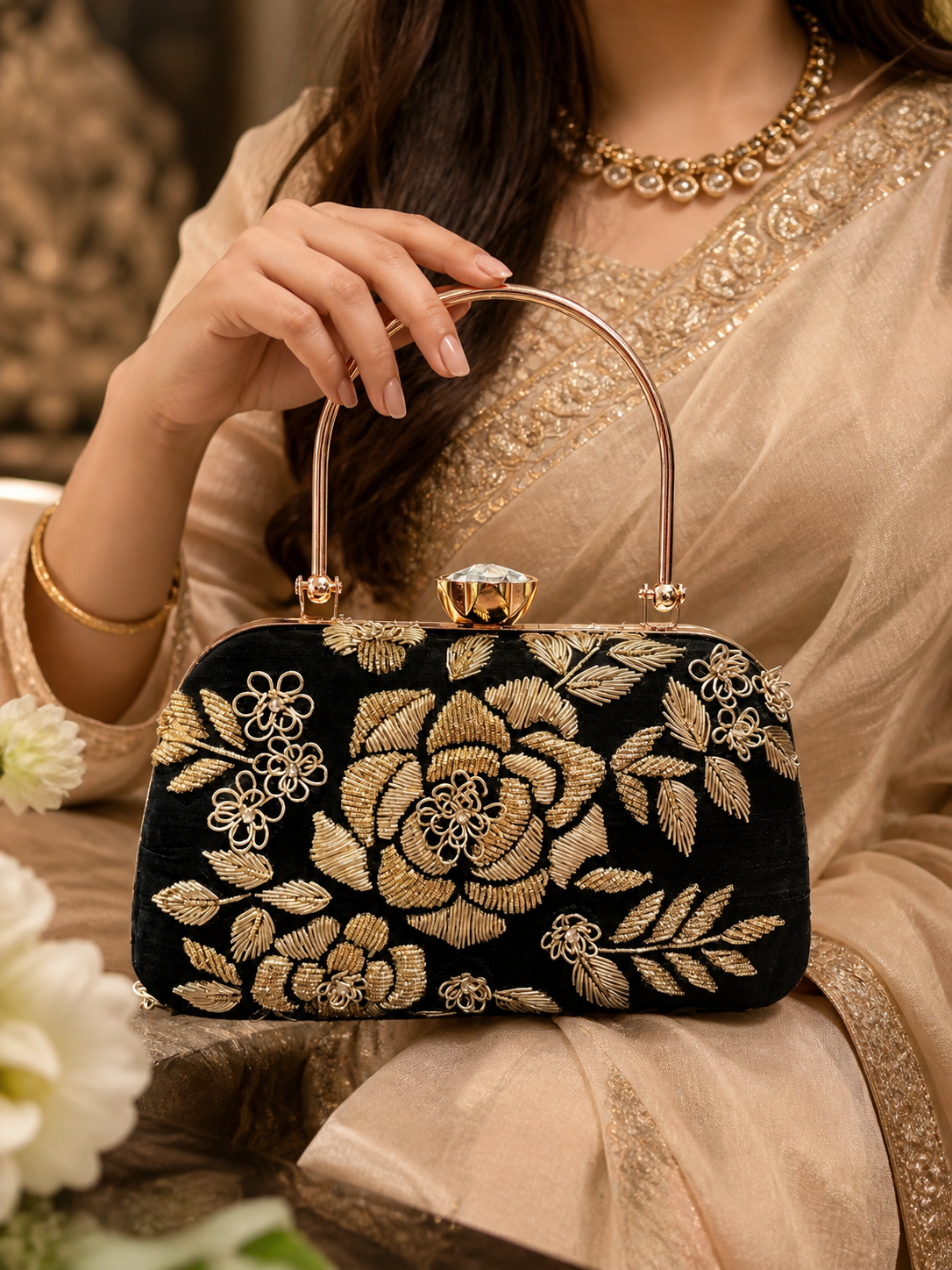 Noir Royale Embroidered Velvet Clutch with Gold Floral Detailing & Metal Handle - Image 3