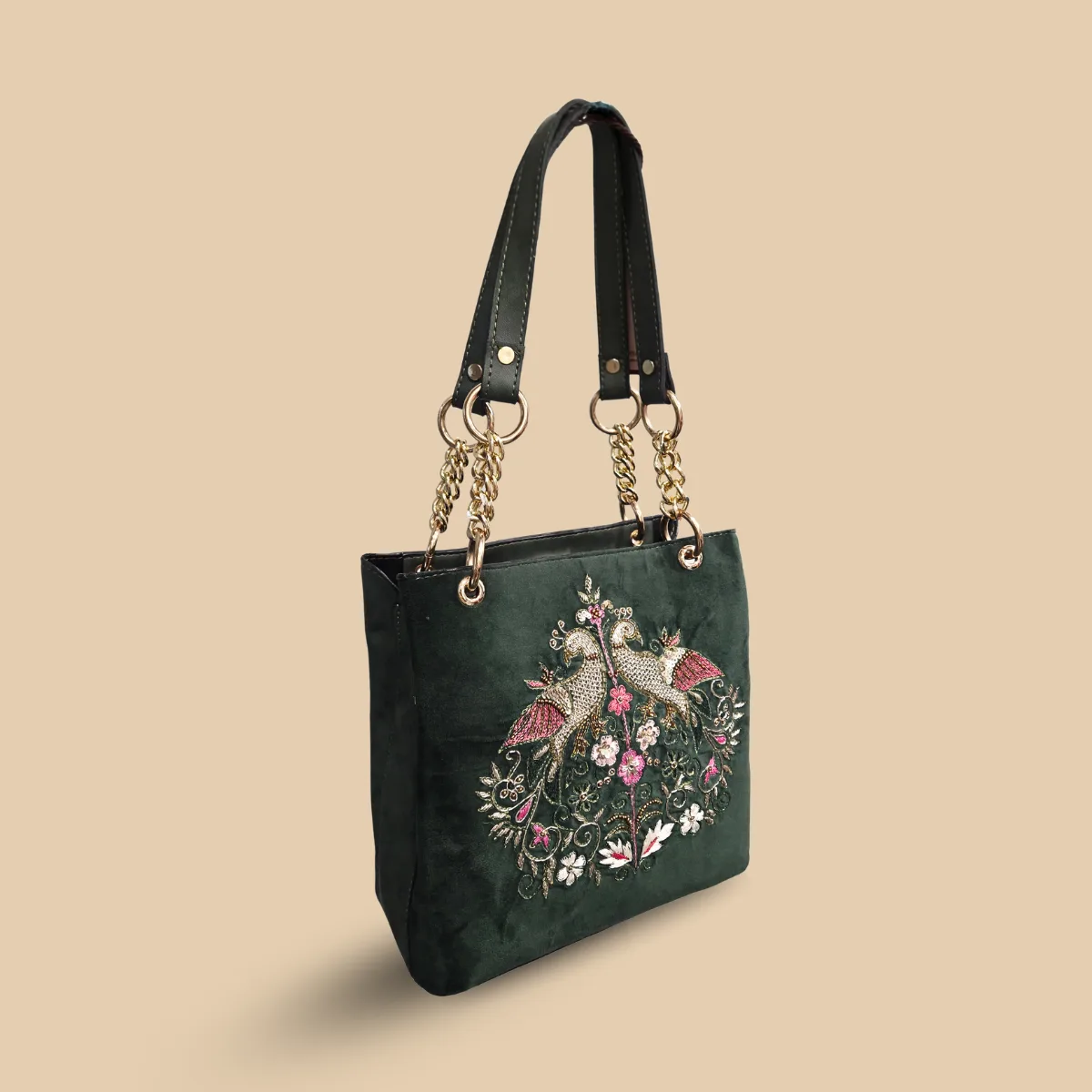 Emerald Green Twin Bird Embroidered Velvet Tote Bag - Image 3